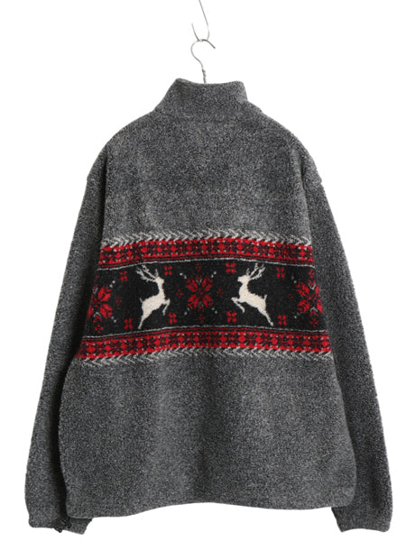 90s USA製 ランズエンド ハーフジップ パイル フリース ジャケット メンズ L オールド ノルディック トナカイ 絵柄 プルオーバー ブルゾン