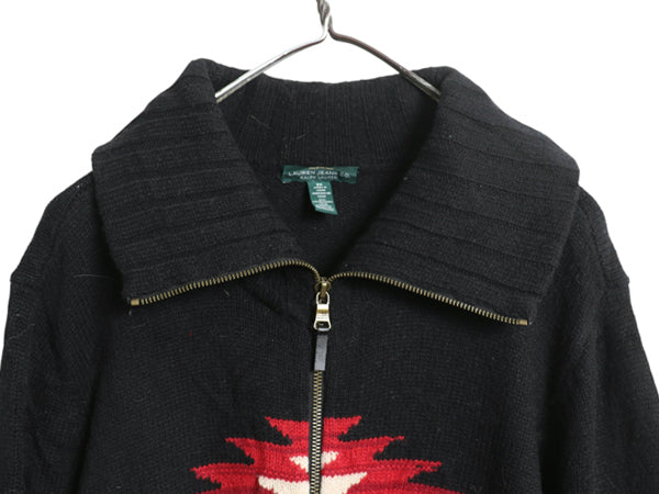 00s ラルフローレン ネイティブ柄 ニット セーター ジャケット レディース 2XL / オールド ウール ハイネック フルジップ 大きいサイズ 黒