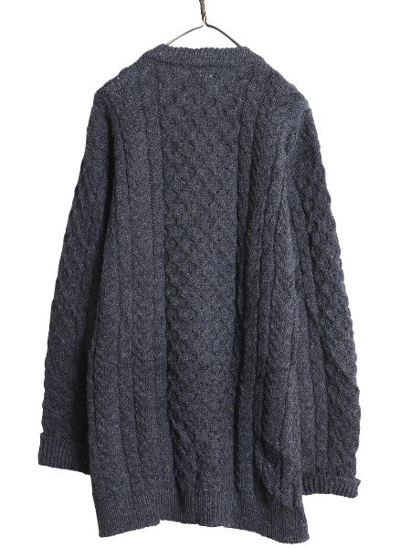 アイルランド製 エルエルビーン フィッシャーマン ウール ニット カーディガン メンズ L 古着 重ね着 前開き アラン ケーブル セーター 紺