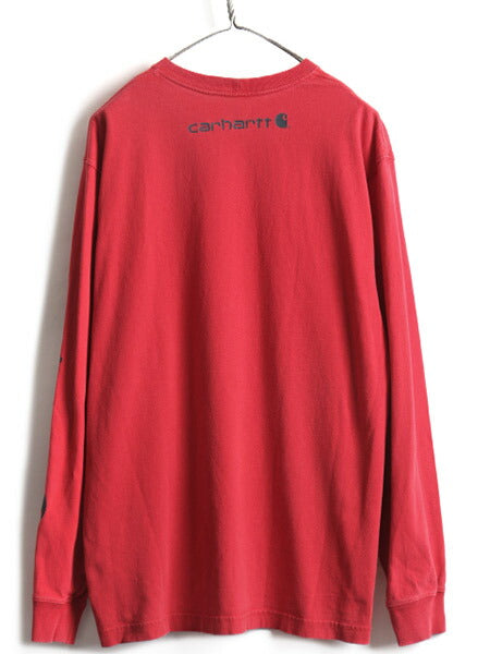 ■ カーハート 袖 プリント コットン 長袖 Tシャツ ( メンズ M ) 古着 CARHARTT ロゴTシャツ ロンT プリントT 袖プリ クルーネック レッド