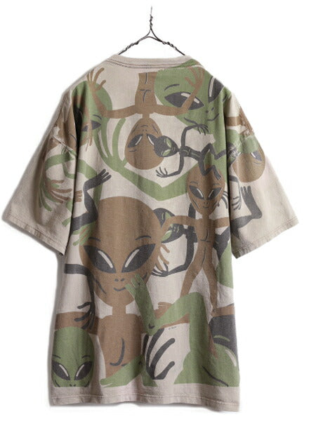 90s USA製 ★ エイリアン オールオーバー プリント 半袖 Tシャツ ( メンズ XL ) 90年代 宇宙人 総柄 カモ 迷彩 アート キャラクター 当時物