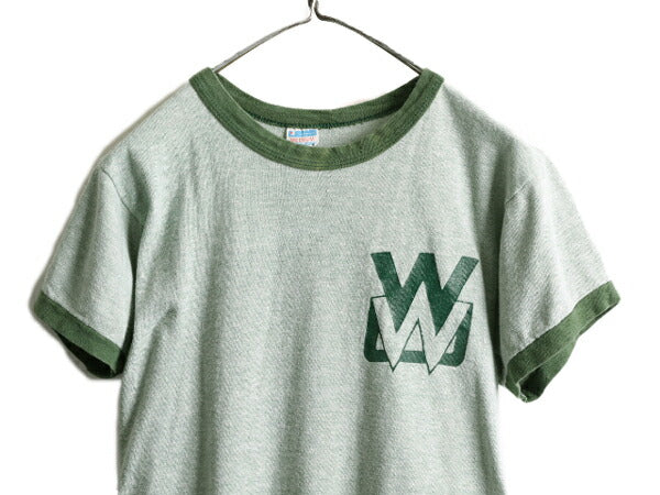 70s USA製 ★ チャンピオン 両面 プリント リンガー Tシャツ メンズ M / 70年代 Champion バータグ 88 12 霜降り 緑 シングルステッチ 企業