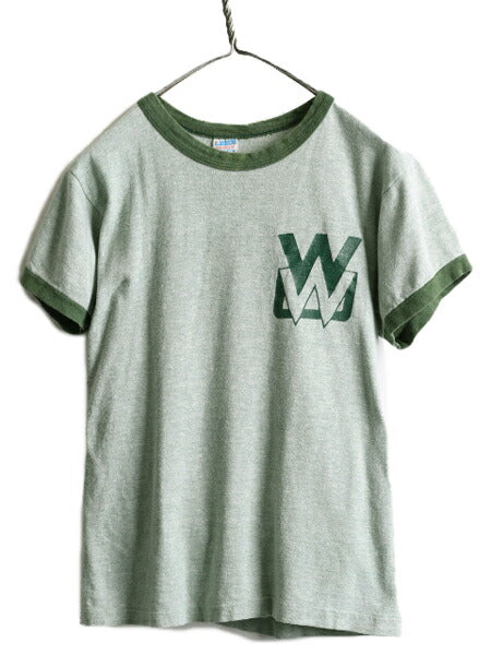 70s USA製 ★ チャンピオン 両面 プリント リンガー Tシャツ メンズ M / 70年代 Champion バータグ 88 12 霜降り 緑 シングルステッチ 企業