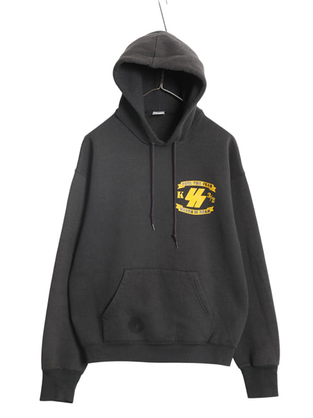 90s USA製 イラスト 両面 プリント スウェット パーカー メンズ L / オールド ミリタリー グラフィック プルオーバー トレーナー 裏起毛 黒