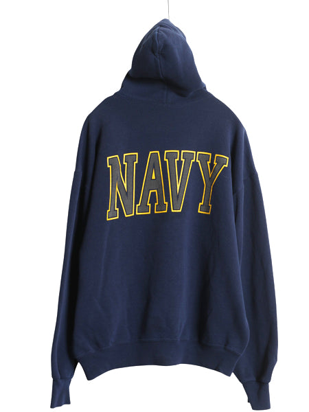 90s USA製 US NAVY 両面 プリント スウェット フード パーカー メンズ L / 古着 オールド ミリタリー トレーナー 裏起毛 USN 軍物 ネイビー