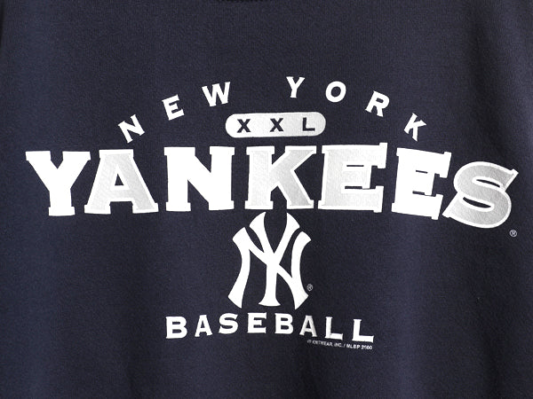 00s ヤンキース プリント スウェット メンズ L 程/ オールド MLB オフィシャル リー トレーナー 裏起毛 大リーグ クルーネック シンプル 紺