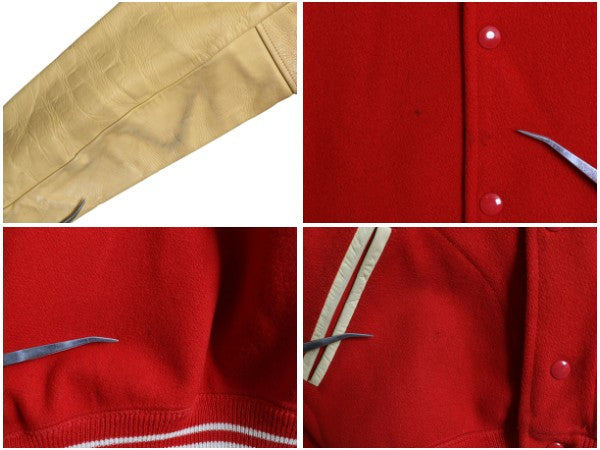 50s 60s ★ 袖 レザー ウール スタジャン 44 メンズ XL 程 ヴィンテージ フェルト ワッペン アワード ジャケット ブルゾン 赤 大きいサイズ