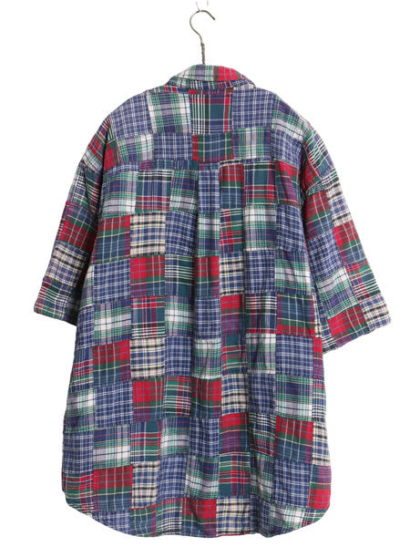 90s ランズエンド パッチワーク 半袖 ボタンダウン シャツ メンズ XL 旧タグ コットン マドラス チェック クレイジーパターン 大きいサイズ