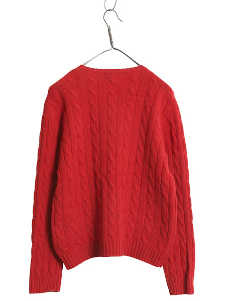 90s ローレン ラルフローレン ケーブル ニット セーター レディース L オールド ポロ 長袖ニット ラム ウール クレスト ワンポイント 赤