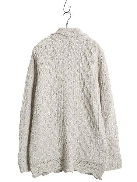 90s アイルランド製 INIS CRAFTS フルジップ フィッシャーマン ニット セーター ジャケット レディース M / オールド メリノ ウール ロング