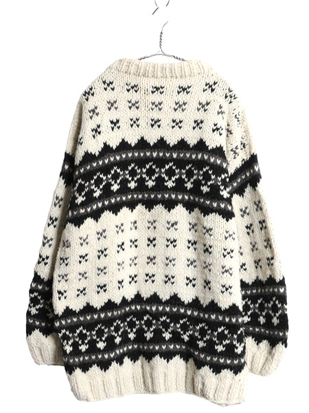 エクアドル製 ウール ニット セーター メンズ レディース L / 総柄 手編み ハンドメイド ノルディック バーズアイ ローゲージ マルチカラー