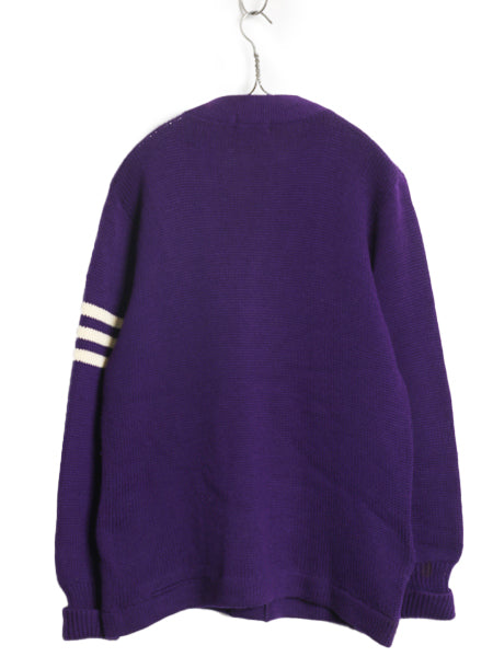 40s 50s ★ レタード ニット カーディガン メンズ M 古着 ヴィンテージ ウール アワード セーター カレッジ サガラ ワッペン付き パープル