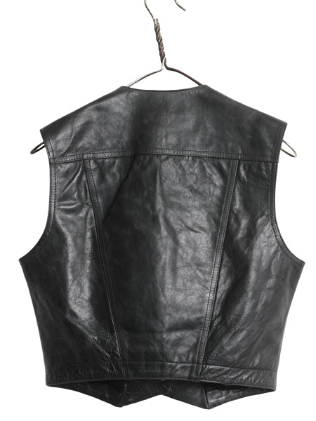 90s イタリア製 ヴェルサーチ 本革 レザー ベスト レディース S 古着 オールド 重ね着 前開き オールレザー ノースリーブ ブラック 当時物