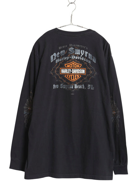 00s ★ ハーレー ダビッドソン 4面 プリント 長袖 Tシャツ メンズ L オールド ロンT バイク スパイダーウェブ グラフィック 袖プリント 黒