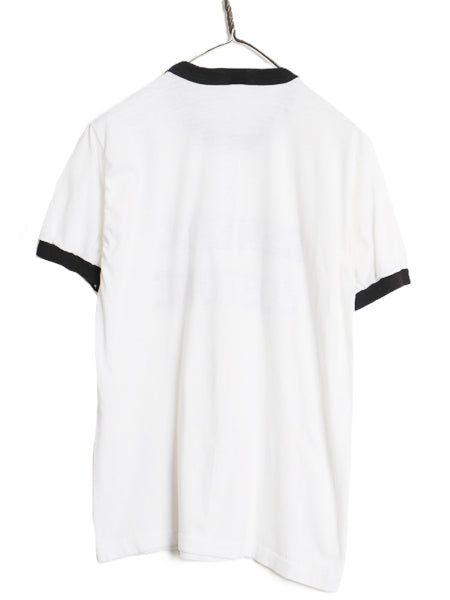70s USA製 2段 フロッキー プリント リンガー Tシャツ メンズ レディース L 小さめ M 程 ヴィンテージ シングルステッチ モノトーン 黒 白