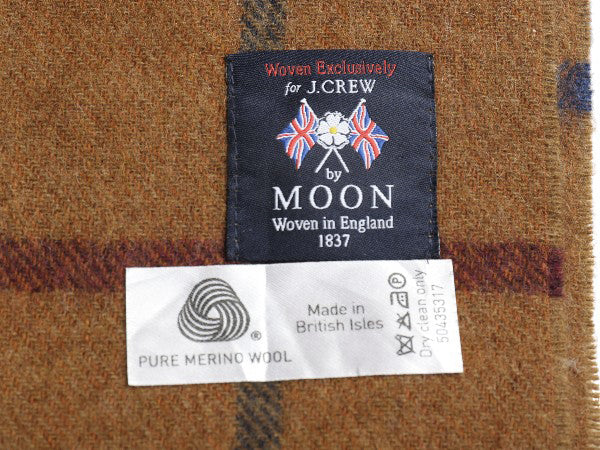 イギリス製 J CREW x MOON チェック メリノ ウール マフラー メンズ レディース / 古着 フリンジ付き 別注 モデル コラボ ブラウン 防寒
