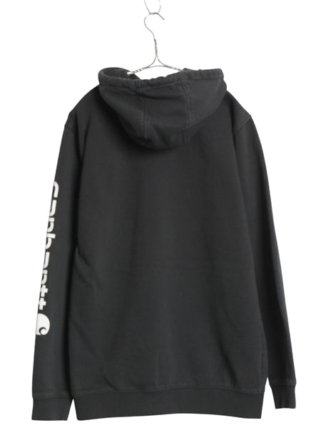 カーハート スウェット フード パーカー メンズ M 古着 袖 ロゴ プリント トレーナー 裏起毛 プルオーバー ミドルウェイト ワンポイント 黒