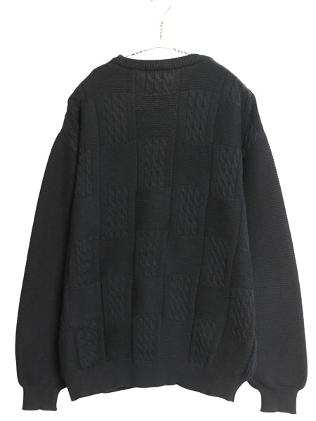 90s カナダ製 トサニ 3D 立体編み コットン ニット セーター メンズ L オールド ケーブル リブ編み デザイン パッチワーク クルーネック 黒
