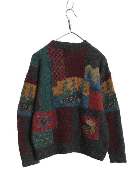 80s ウールリッチ デザイン ウール 二ット セーター レディース S ヴィンテージ 旧タグ 絵柄 パネル ハンドメイド 手編み 総柄 クレイジー