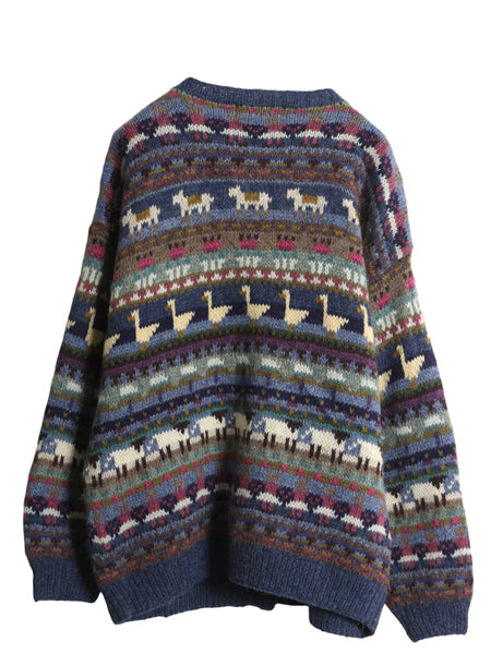 80s エルエルビーン デザイン ニット カーディガン レディース M / ヴィンテージ ウール 前開き 羽織り 絵柄 イラスト アニマル バーズアイ