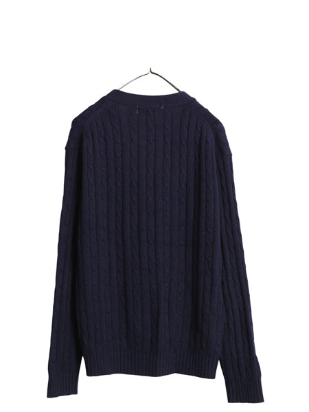 70s Sears Kings Road ケーブル ニット カーディガン メンズ L 古着 ヴィンテージ アクリル セーター 重ね着 前開き 羽織り 無地 ネイビー
