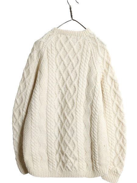 90s スコットランド製 フィッシャーマン ウール ニット セーター メンズ レディース L オールド ハンドメイド アラン ケーブル ナチュラル