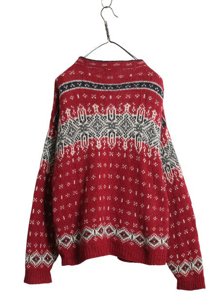 80s USA製 エルエルビーン ノルディック ニット カーディガン レディース XL ヴィンテージ ウール セーター バーズアイ 総柄 大きいサイズ