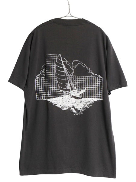 80s 90s セーリング アート イラスト 両面 プリント 半袖 Tシャツ メンズ L 程/ ヴィンテージ オールド シングルステッチ グラフィック 黒