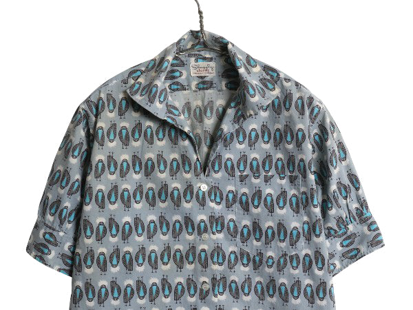 60s ★ アニマル 総柄 オープンカラー 半袖 シャツ レディース M ヴィンテージ 開襟 ボックス コットン 鳥 ポケット付き イタリアンカラー
