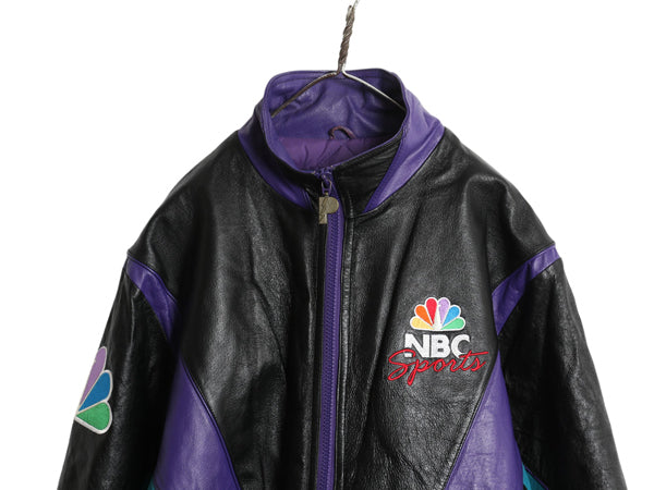 00s NBC SPORTS フルジップ 本革 レザー ジャケット メンズ M オールド 企業物 プロプレイヤー 革ジャン 中綿 キルティング ジャンパー 黒