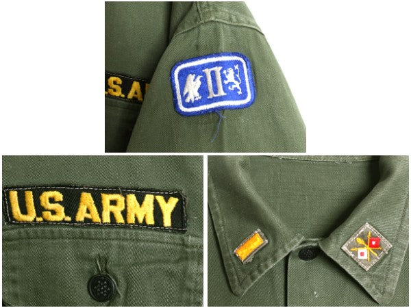 50s 60s ★ 民間 US ARMY コットン サテン ユーティリティ シャツ メンズ S 古着 ヴィンテージ ミリタリー 筒袖 13スター OG107 ワッペン