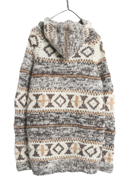 80s エクアドル製 総柄 ウール ニット パーカー メンズ L / 古着 ヴィンテージ プルオーバー ジャケット セーター ネイティブ ハンドメイド