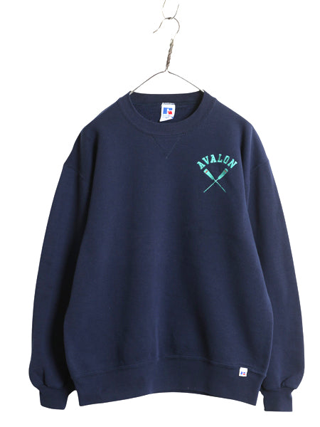 90s USA製 ラッセル ワンポイント ロゴ刺繍 スウェット メンズ レディース L / オールド トレーナー 前V 裏起毛 クルーネック シンプル 紺
