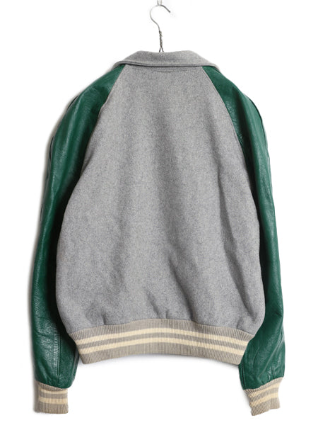 60s ★ HOWE 袖 本革 レザー ウール スタジャン メンズ L ヴィンテージ 襟付き ウイングフット サガラ ワッペン アワード ジャケット 灰 緑