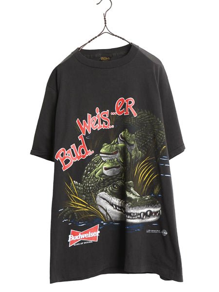 90s USA製 ☆ バドワイザー カエル ワニ イラスト プリント Tシャツ