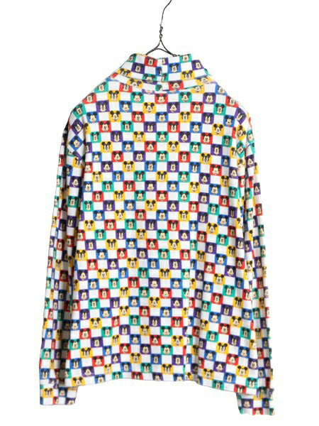 90s ディズニー オフィシャル ミッキー 総柄 タートルネック 長袖 Tシャツ レディース L 古着 オールド キャラクター スムース ストレッチ