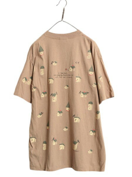 90s USA製 rel e vant products 鳥小屋 イラスト プリント Tシャツ メンズ レディース XL オールド アニマル アート シングルステッチ 総柄