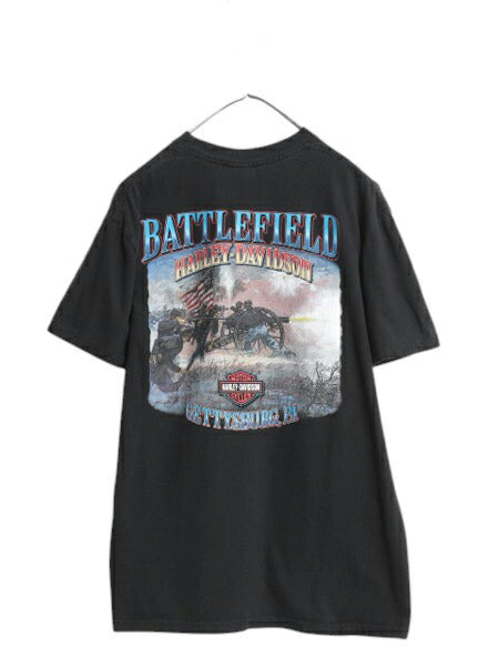 ハーレー ダビットソン 両面 プリント Tシャツ メンズ L / オフィシャル ヘビーウェイト バイク イラスト グラフィック バックプリント 黒