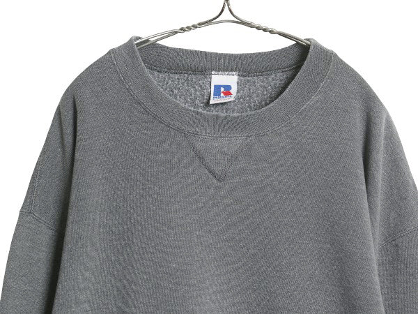 90s ラッセル 無地 スウェット メンズ レディース XL / 古着 オールド トレーナー 前V 裏起毛 大きいサイズ ワンポイント ブランク グレー