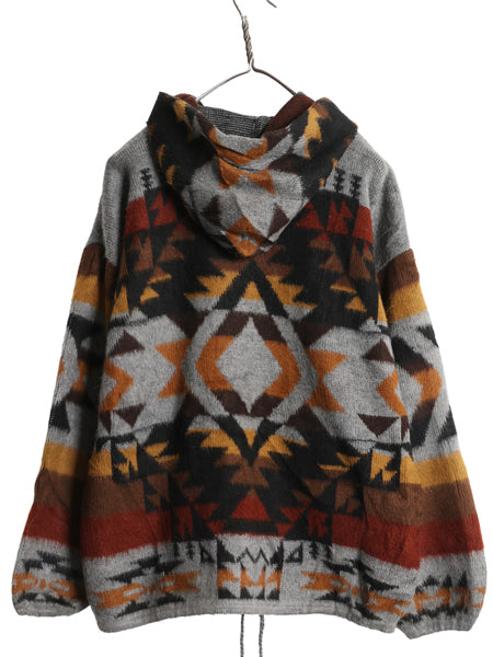 90s エクアドル製 ネイティブ 総柄 フルジップ ウール ニット パーカー メンズ レディース M 古着 オールド フード ジャケット セーター