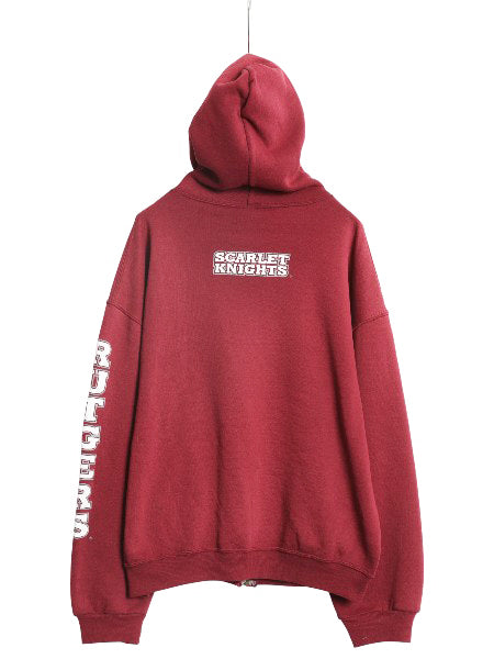 00s ラッセル 3面 カレッジ プリント フルジップ スウェット フード パーカー メンズ レディース L / オールド トレーナー 裏起毛 エンジ