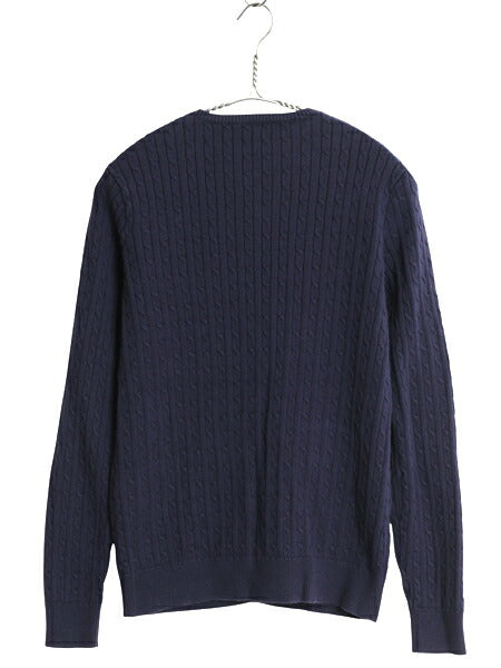 ラルフローレン スポーツ コットン ケーブル ニット カーディガン レディース М 古着 ポロ セーター 前開き 重ね着 ワンポイント 丸首 紺