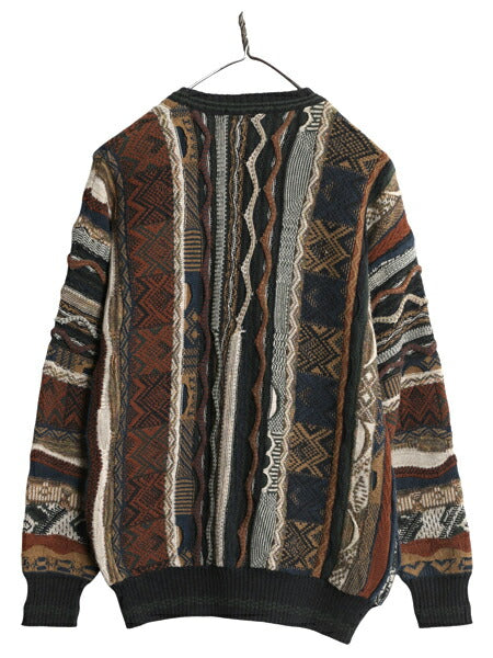 90s 3D 立体編み デザイン ニット セーター メンズ S / 古着 オールド コットン アクリル 総柄 3Dニット クルーネック マルチカラー 薄手