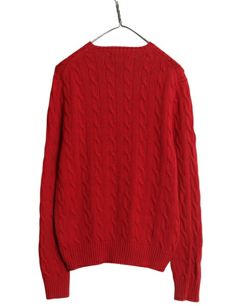 ポロ ラルフローレン コットン ケーブル ニット セーター メンズ М 古着 長袖ニット ワンポイント クルーネック きれいめ シンプル レッド