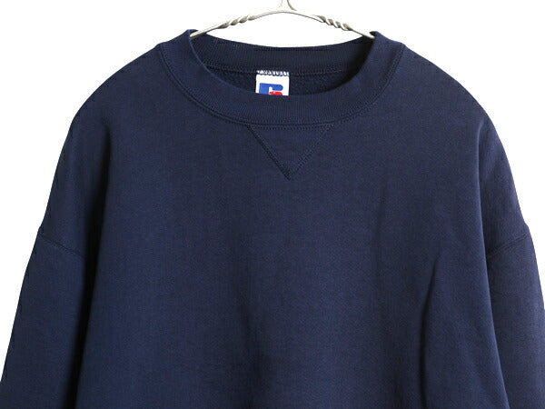 90s USA製 ラッセル 無地 スウェット メンズ レディース L 古着 オールド トレーナー 前V 裏起毛 ワンポイント ブランク シンプル ネイビー