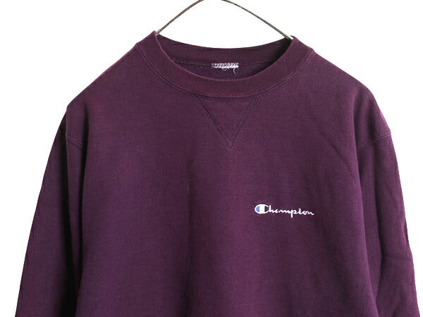 90s チャンピオン ワンポイント スウェット メンズ レディース М 程/ オールド 裏起毛 トレーナー 前V スクリプト ロゴ刺繍 シンプル 紫