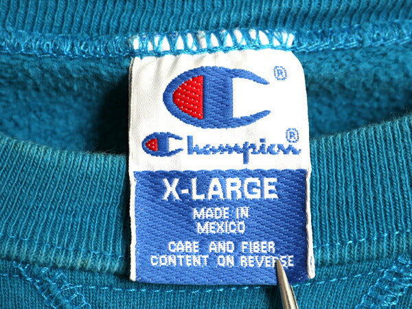 90s チャンピオン 無地 スウェット XL 小さめ メンズ L 程 古着 オールド トレーナー 前V 裏起毛 ワンポイント ブランク ヘビーウェイト 青