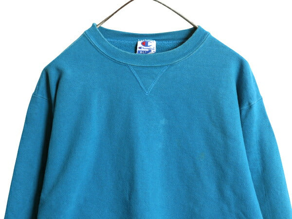 90s チャンピオン 無地 スウェット XL 小さめ メンズ L 程 古着 オールド トレーナー 前V 裏起毛 ワンポイント ブランク ヘビーウェイト 青