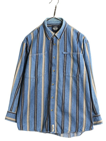 90s ドッカーズ リーバイス ストライプ 長袖 デニム シャツ キッズ L メンズ S 程/ 古着 オールド ワンポイント マルチカラー 長袖シャツ