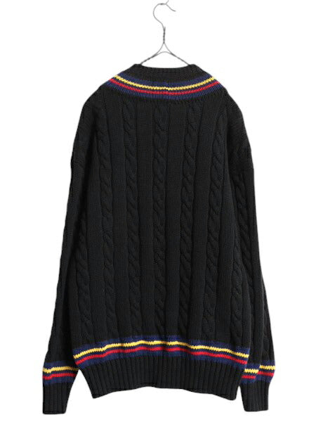 90s OLD GAP チルデン ケーブル ニット セーター メンズ L / 古着 黒 オールド ギャップ 紺タグ Vネック ヘビーウェイト コットン ブラック